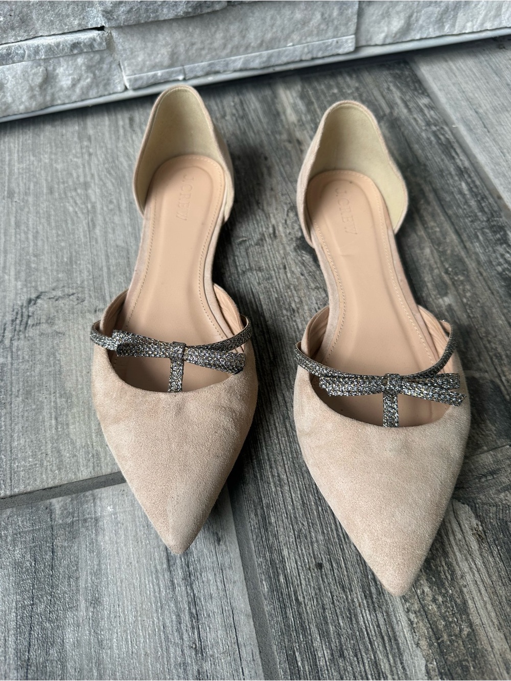 J. Crew | D’Orsay Flats Suede with mini glitter bow Size 8